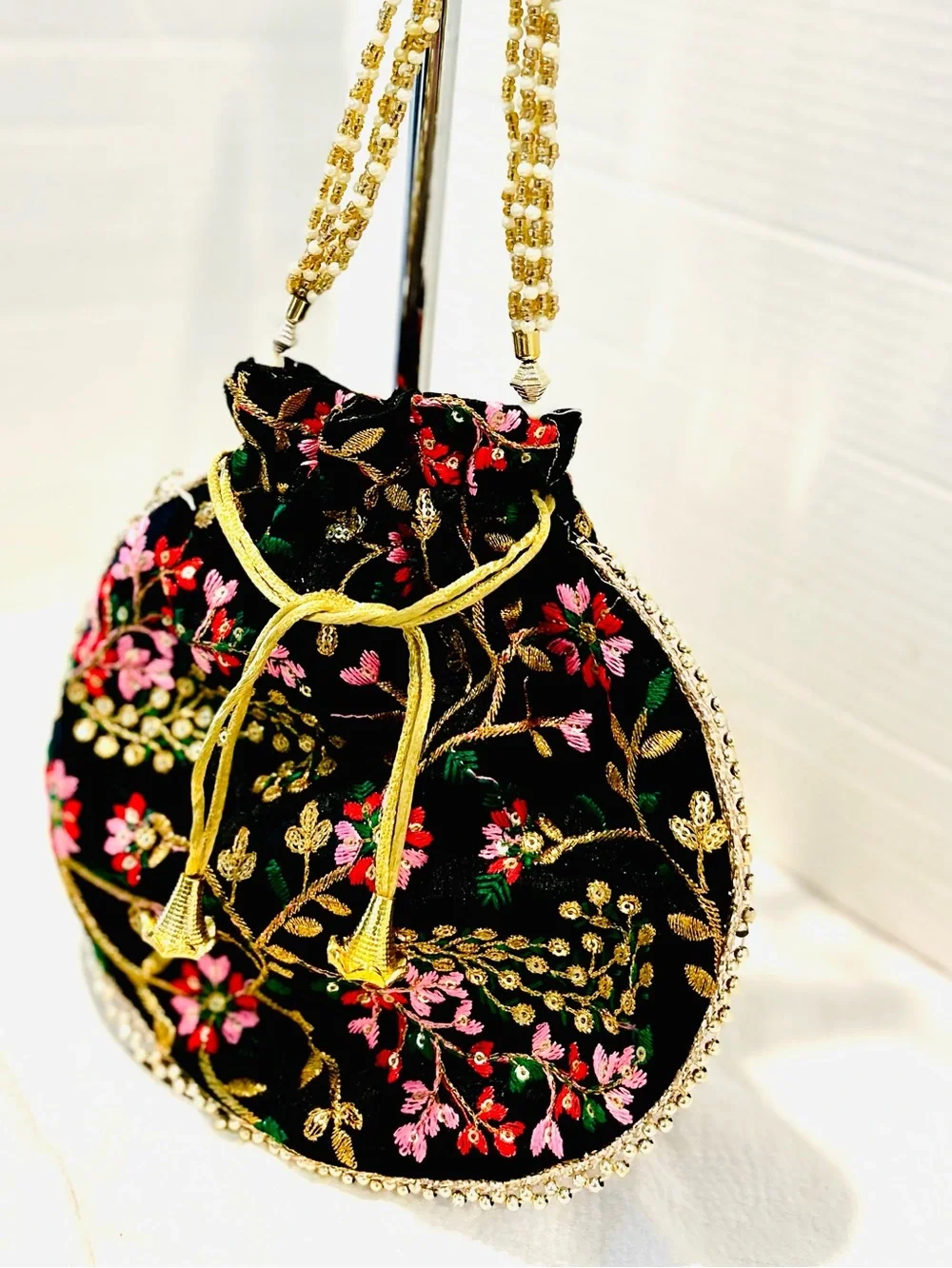 Embroidered Black Floral Design Beaded Potli Bag Prom Wedding Guest Purse